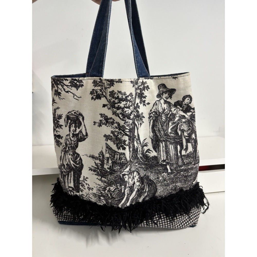 Denim Handbag Unique Tote Folk Toile Design Vintage Style BOHO Fringe Gingham